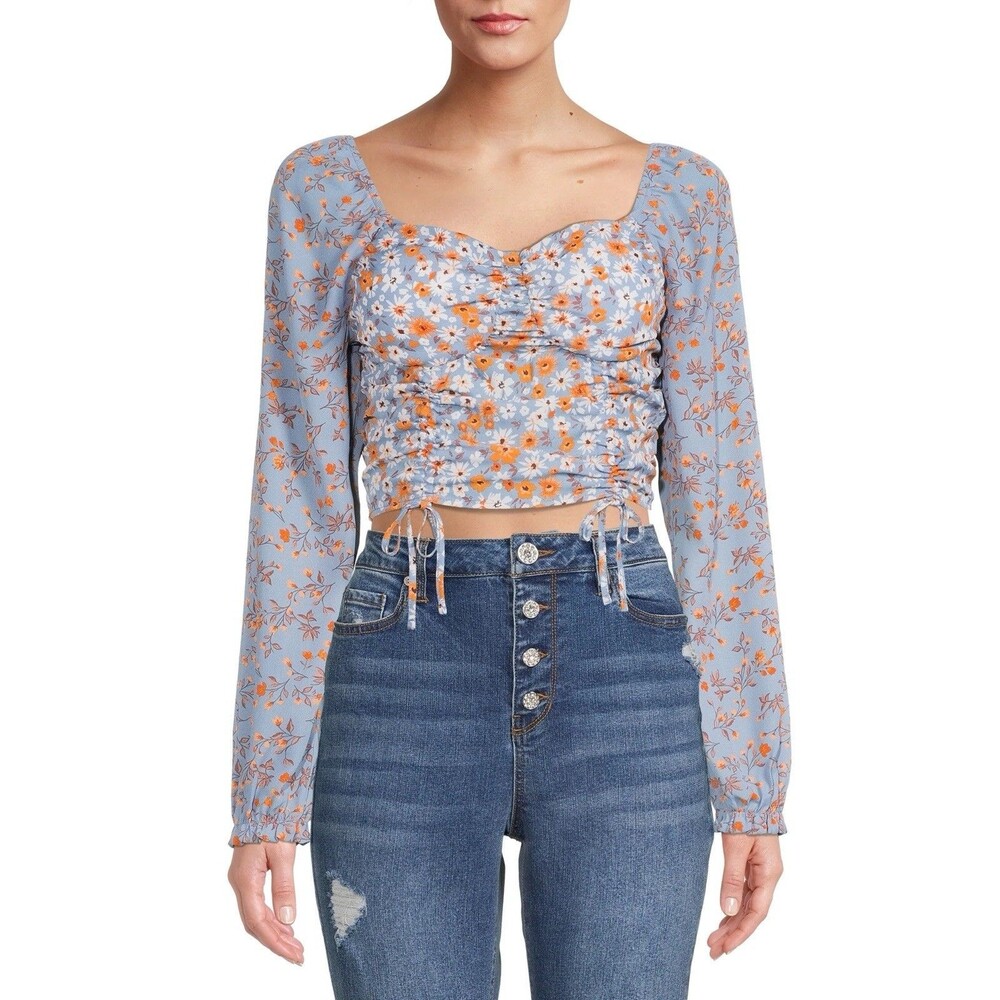 Madden NYC Shirred Floral Balloon Sleeve Blouse Blue/Orange - Size Large